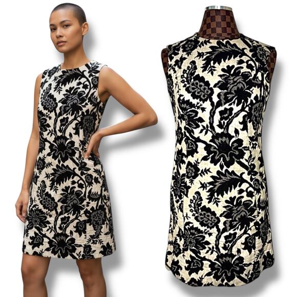 Vtg Joseph Magnin Tapestry Sleeveless Sheath Dress Medium White Black Floral 60s - Picture 1 of 14